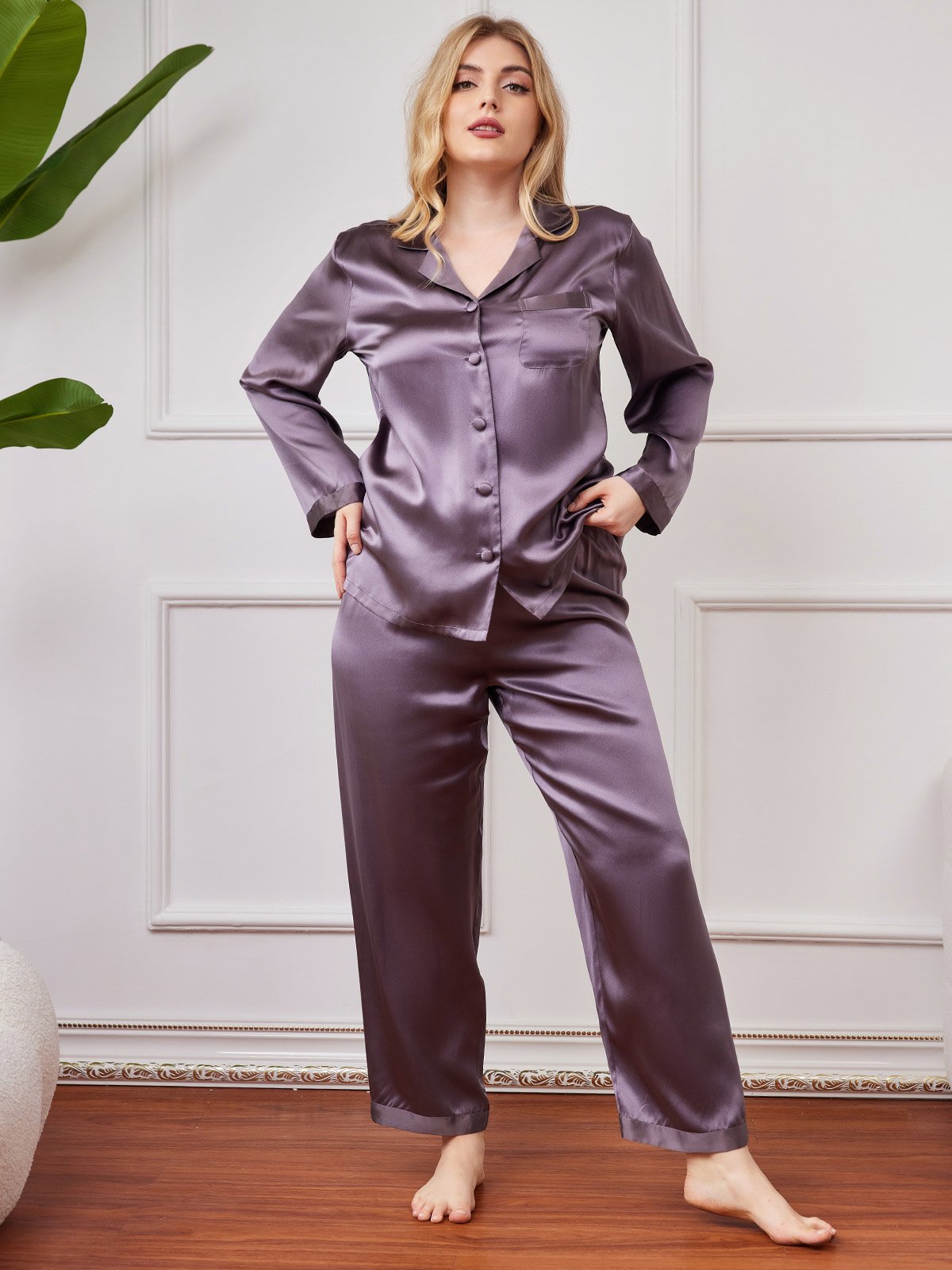 [Lila Grau] SilkSilky-DE Reine Seide Langärmelig Revers Damen Pyjamas Große Größen 005