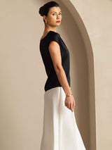 [Schwarz] SilkSilky-DE Cap Sleeve Cowl Neck T-Shirt 002