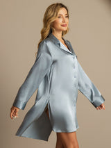 [Graublau] SilkSilky-DE Long Sleeve Lapel Collar Schlafhemd 006