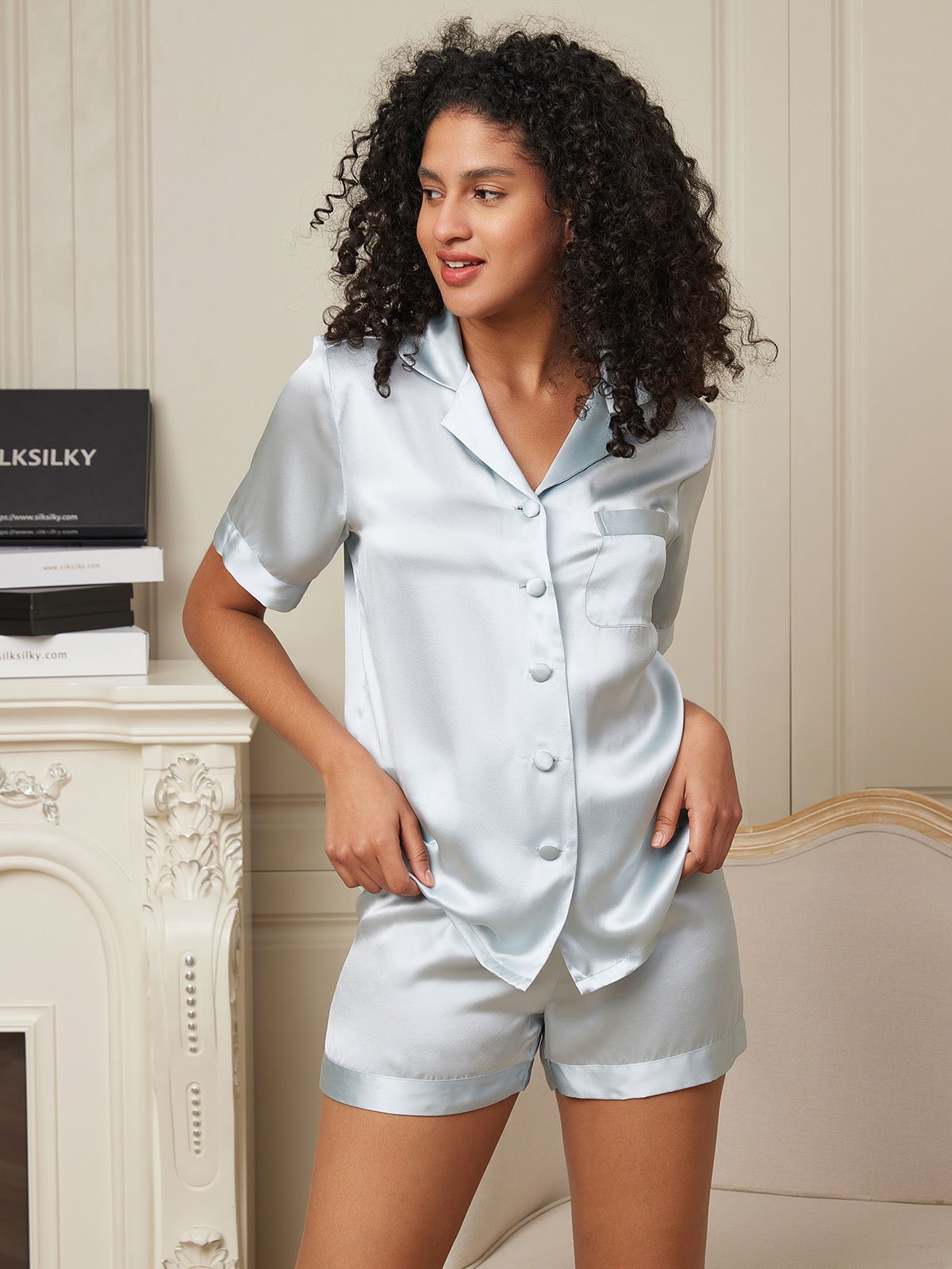 [Hellblau] SilkSilky-DE Reine Seide Kurzärmelig Womens Pajamas 003