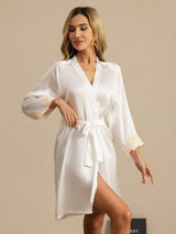 [Weiß] SilkSilky-DE 3/4 Sleeve Damen Morgenmantel 004