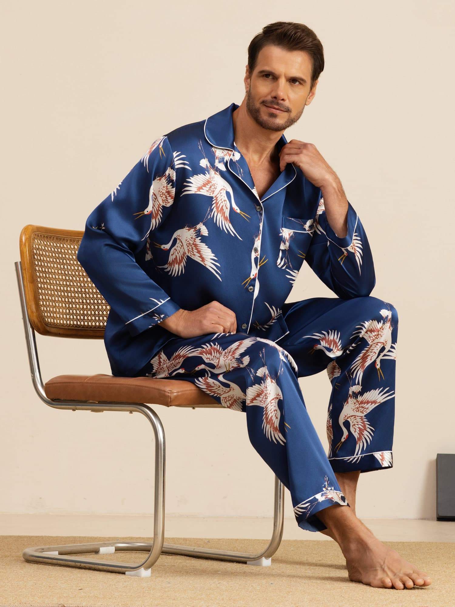 [Dunkelblau] SilkSilky-DE 19Momme Langärmelig Notch-Kragen Herren Pyjamas 001
