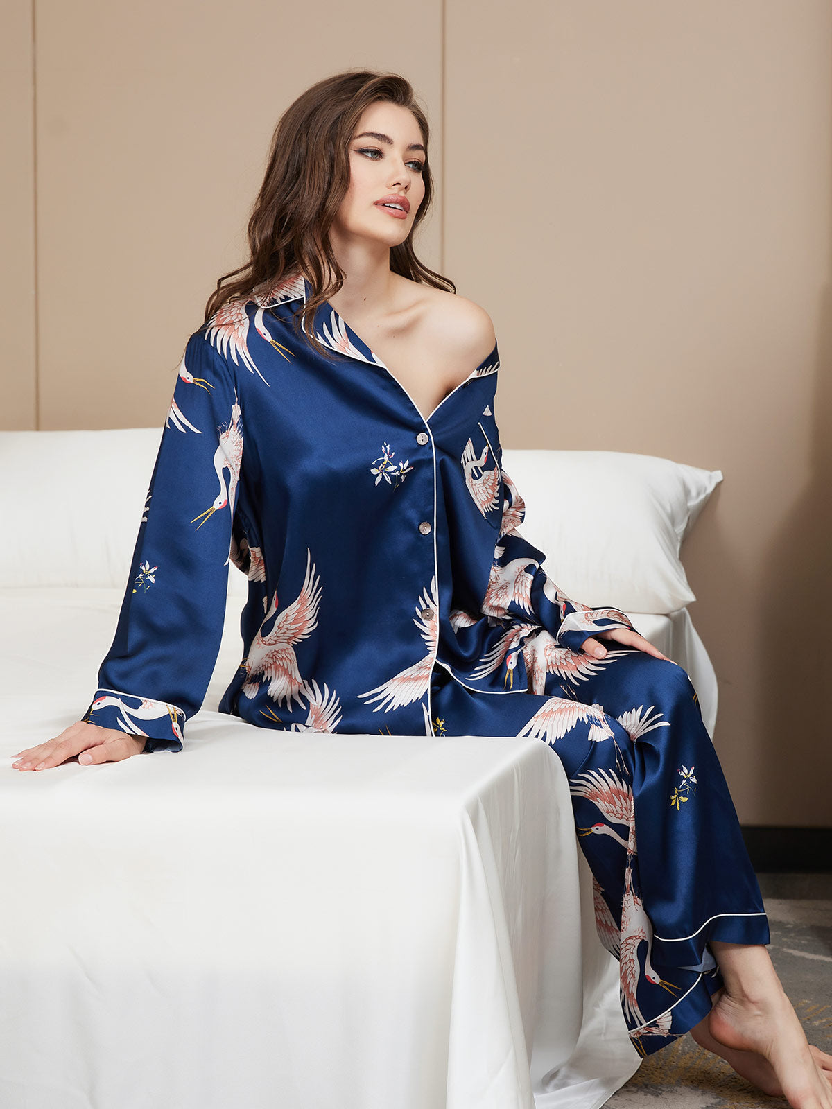 [Dunkelblau] SilkSilky-DE Long Sleeve Notch-Kragen Damen Pyjamas 002
