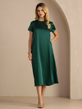 [Dunkelgrün] SilkSilky-DE Short Sleeve Round Neck Kleider 001