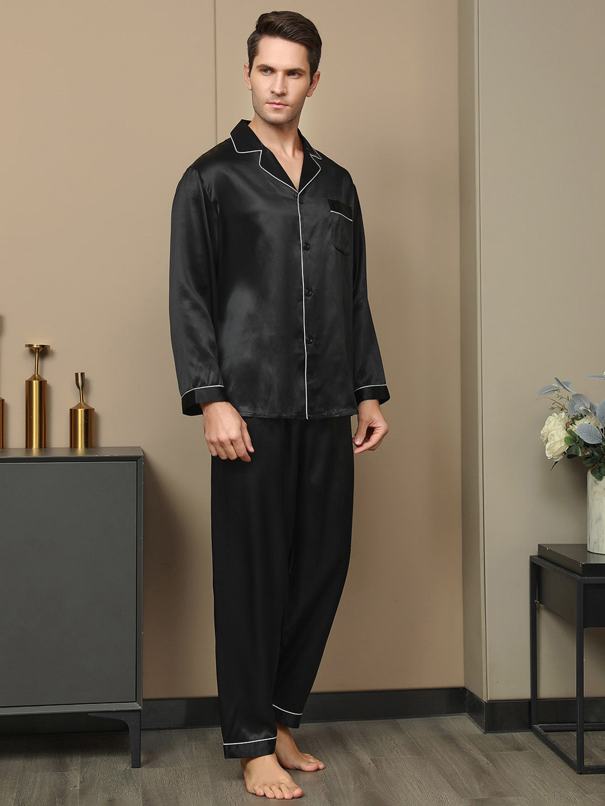 [Schwarz] SilkSilky-DE Langärmelig Notch-Kragen Herren Pyjamas 003