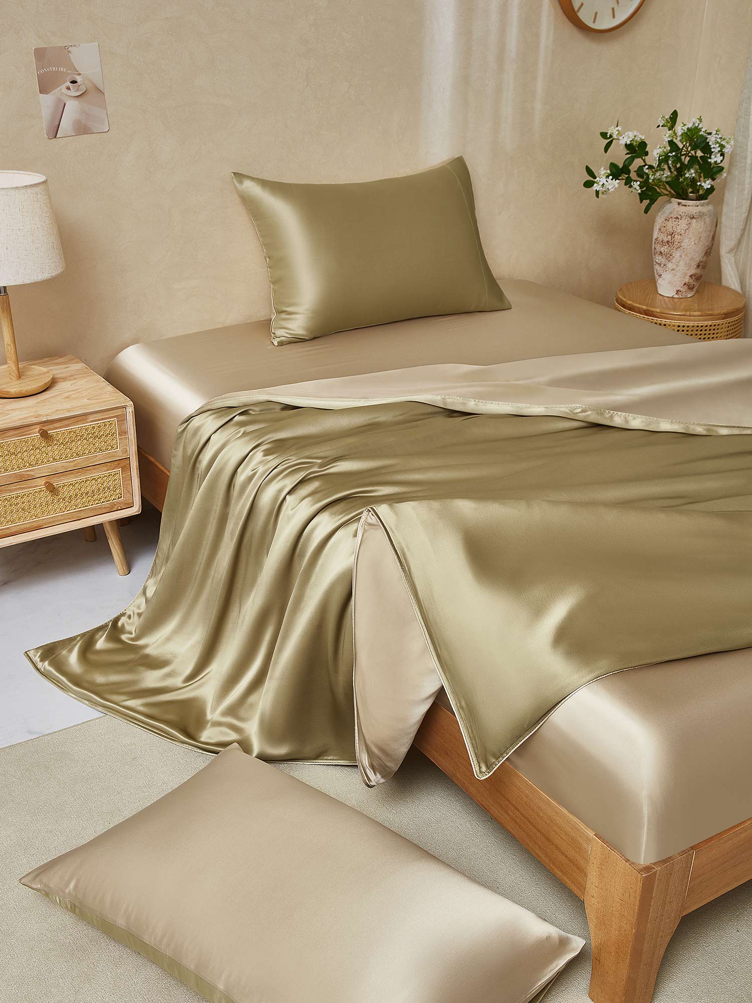 [Beige+Khaki] SilkSilky-DE 19Momme Reine Seide Bedding Set 001,