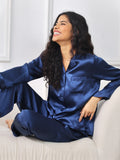 SilkSilky-DE Reine Seide Langärmelig Revers Damen Pyjamas Dunkelblau 001