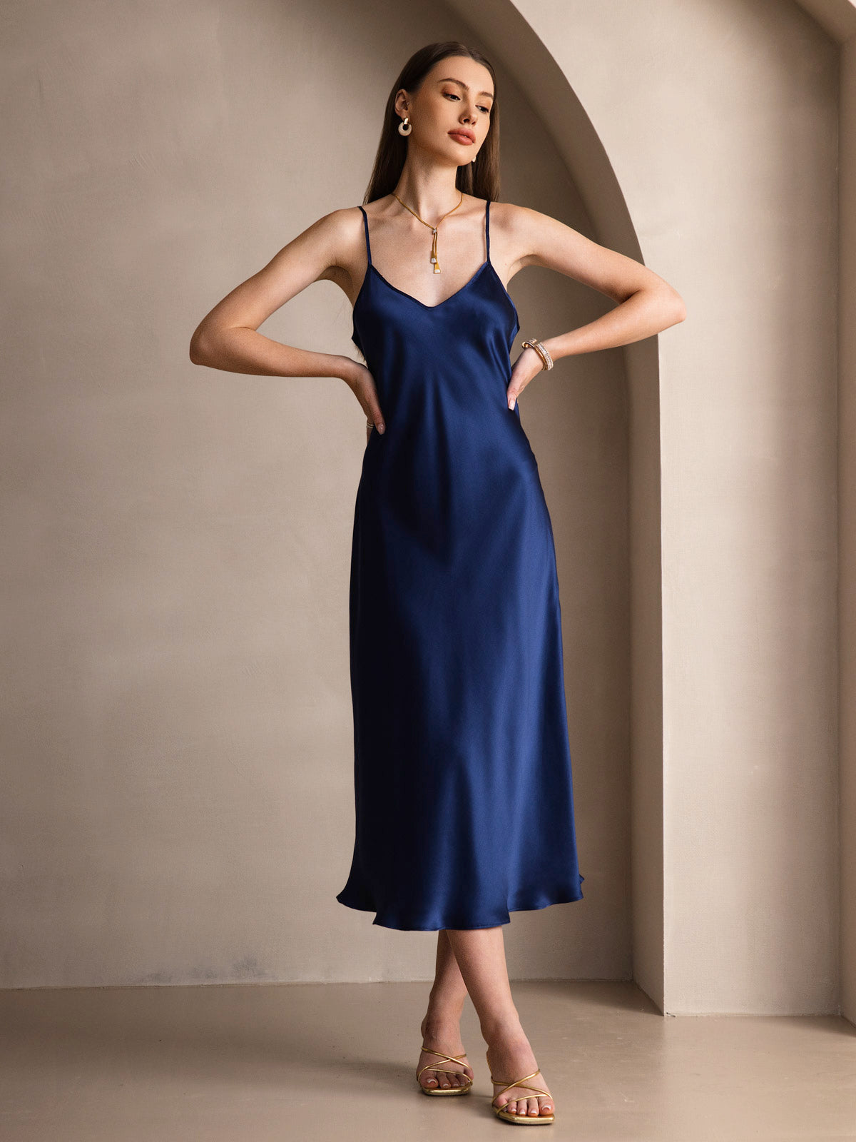 [Dunkelblau] SilkSilky-DE Reine Seide Dress 004