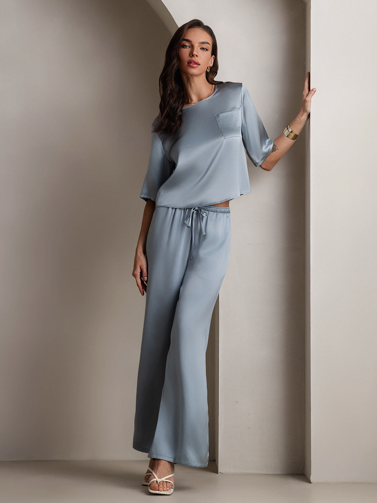 [Graublau] SilkSilky-DE Reine Seide Womens Pajamas 001