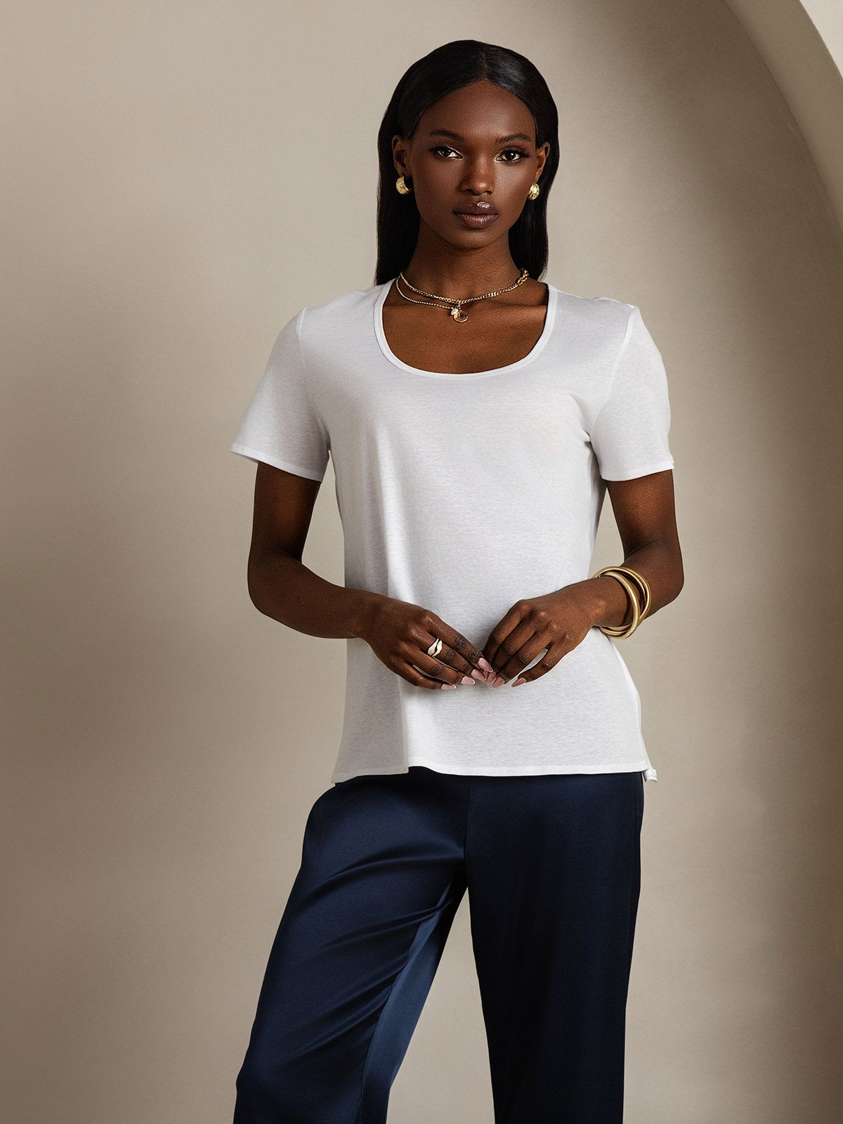 [Weiß] SilkSilky-DE Seide Kurzärmelig U Ausschnitt T-Shirt 003