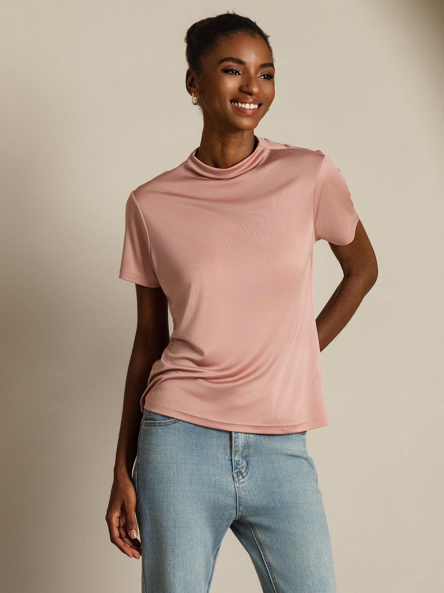 [Rosa] SilkSilky-DE Reine Seide Umlegekragen T-Shirt 006