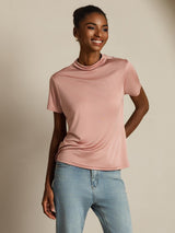 [Rosa] SilkSilky-DE 100% Silk Jersey Short Sleeve Mock Neck T-Shirt 006