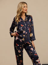 [Marine Blumen] SilkSilky-DE Long Sleeve Notch-Kragen Damen Pyjamas 005