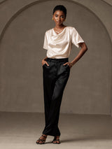 [Beige] SilkSilky-DE Short Sleeve Cowl Neck Damenblusen 005