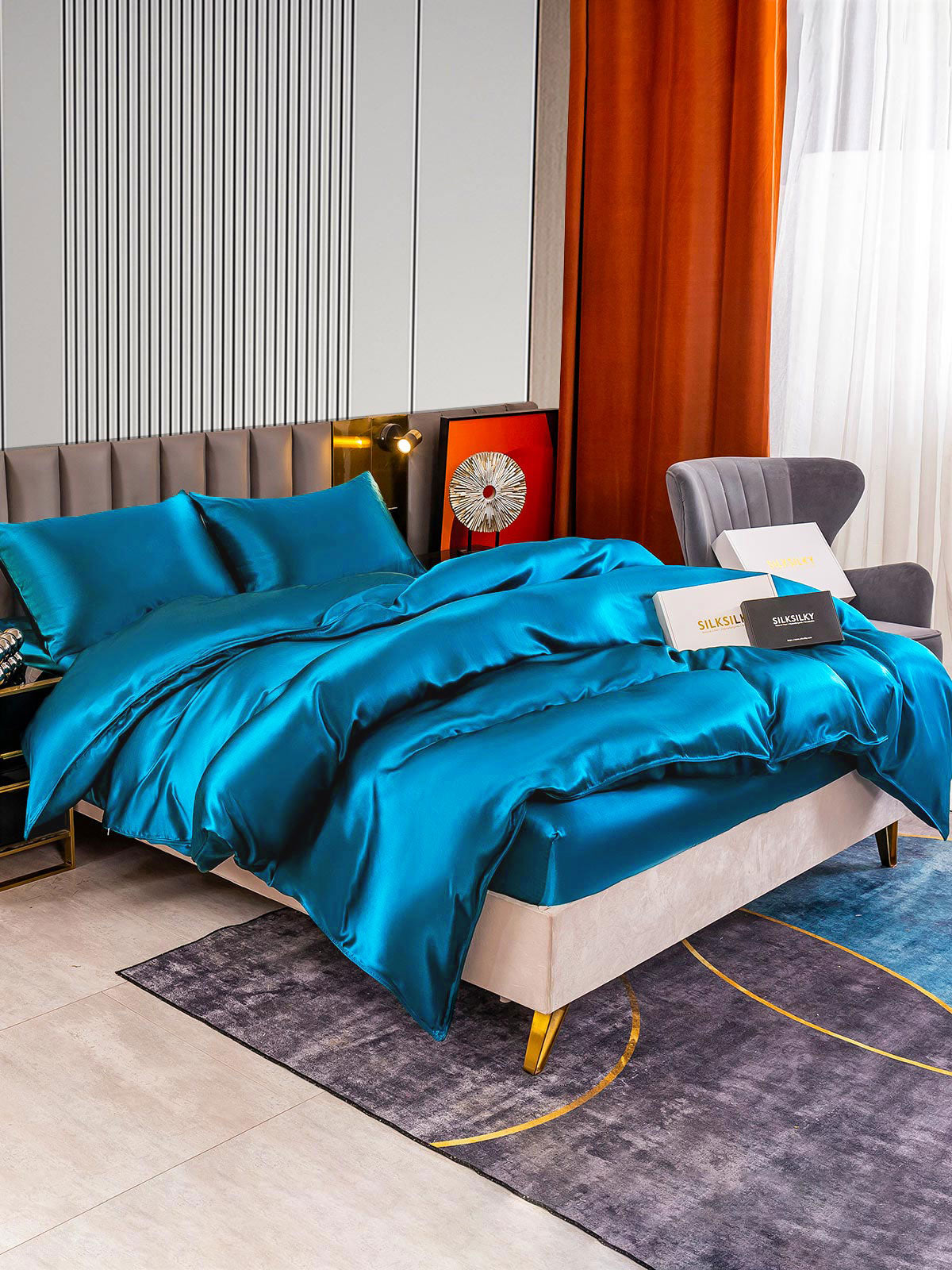 [König Blau] SilkSilky-DE 22Momme Reine Seide Bedding Set 003