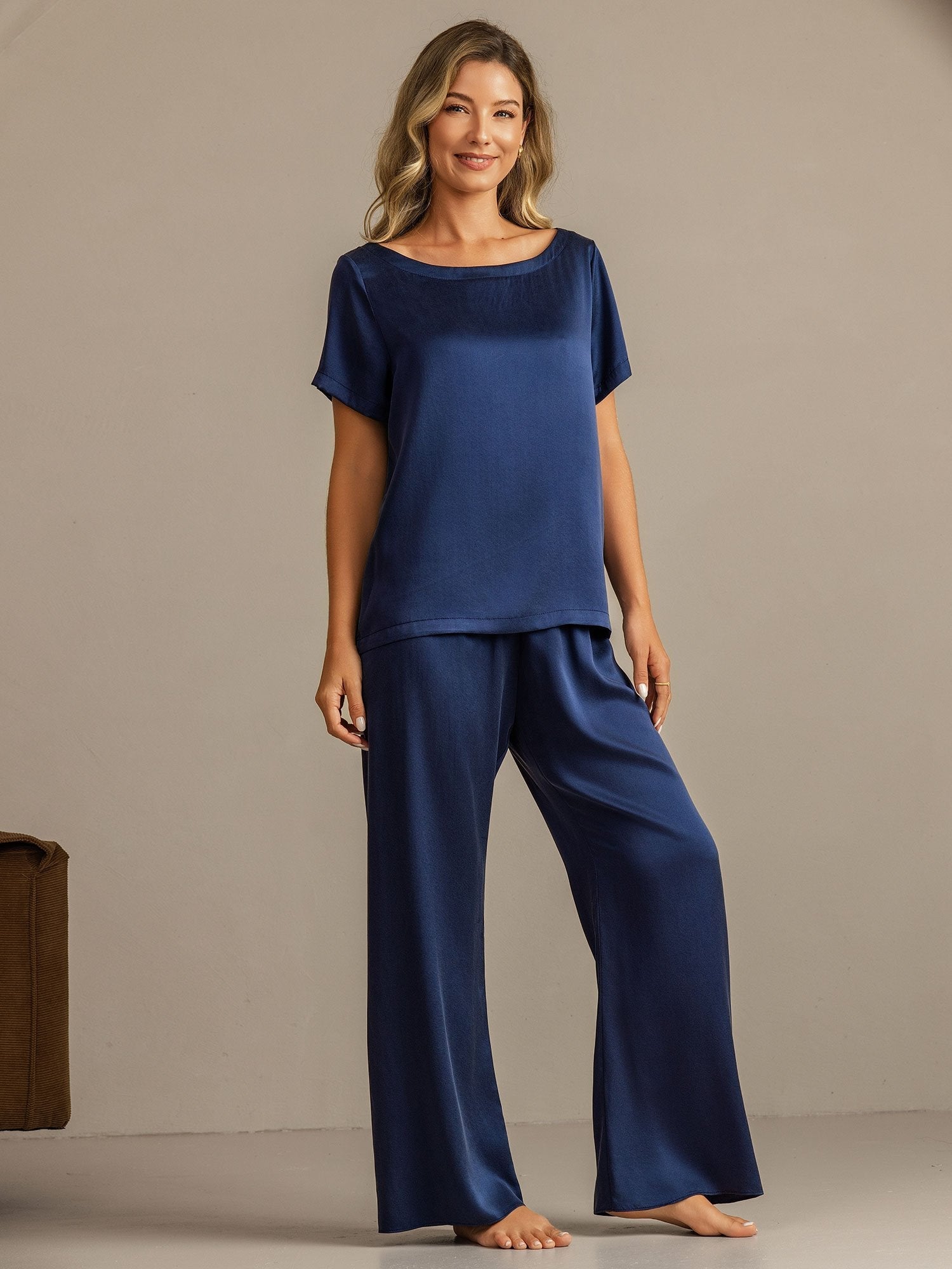 [Dunkelblau] SilkSilky-DE 19Momme Seide Womens Pajamas 001