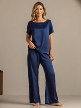 [Dunkelblau] SilkSilky-DE 19Momme Kurzärmelig Damen Pyjamas 004
