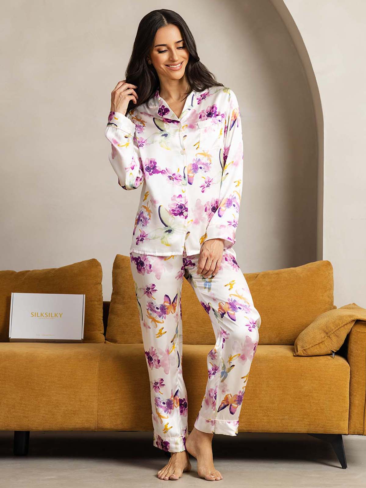 [Aquarellblumen] SilkSilky-DE Reine Seide Womens Pajamas 001