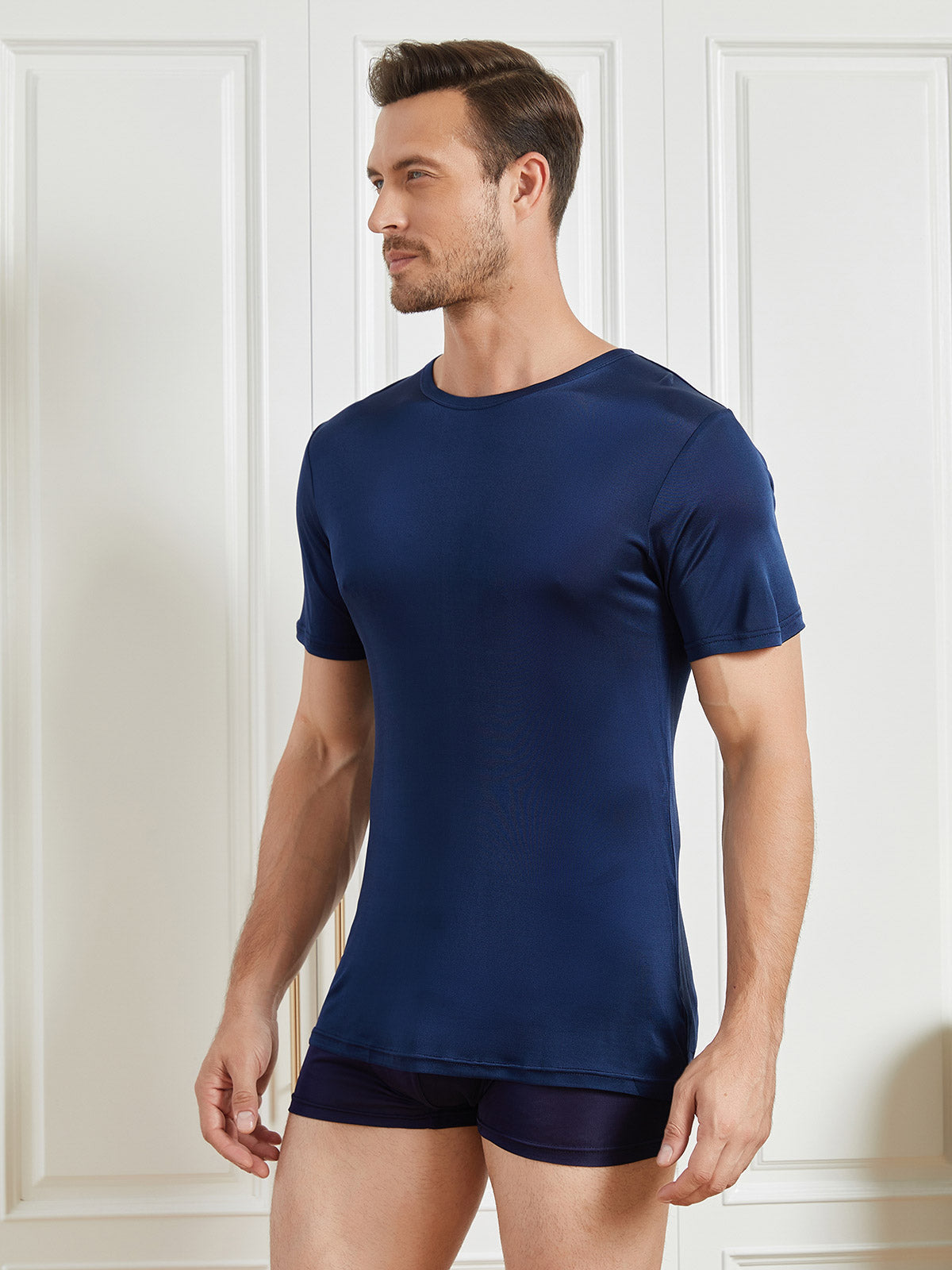 [Dunkelblau] SilkSilky-DE Seidenstrick Kurzärmelig Rundkragen Herren T-Shirt 003
