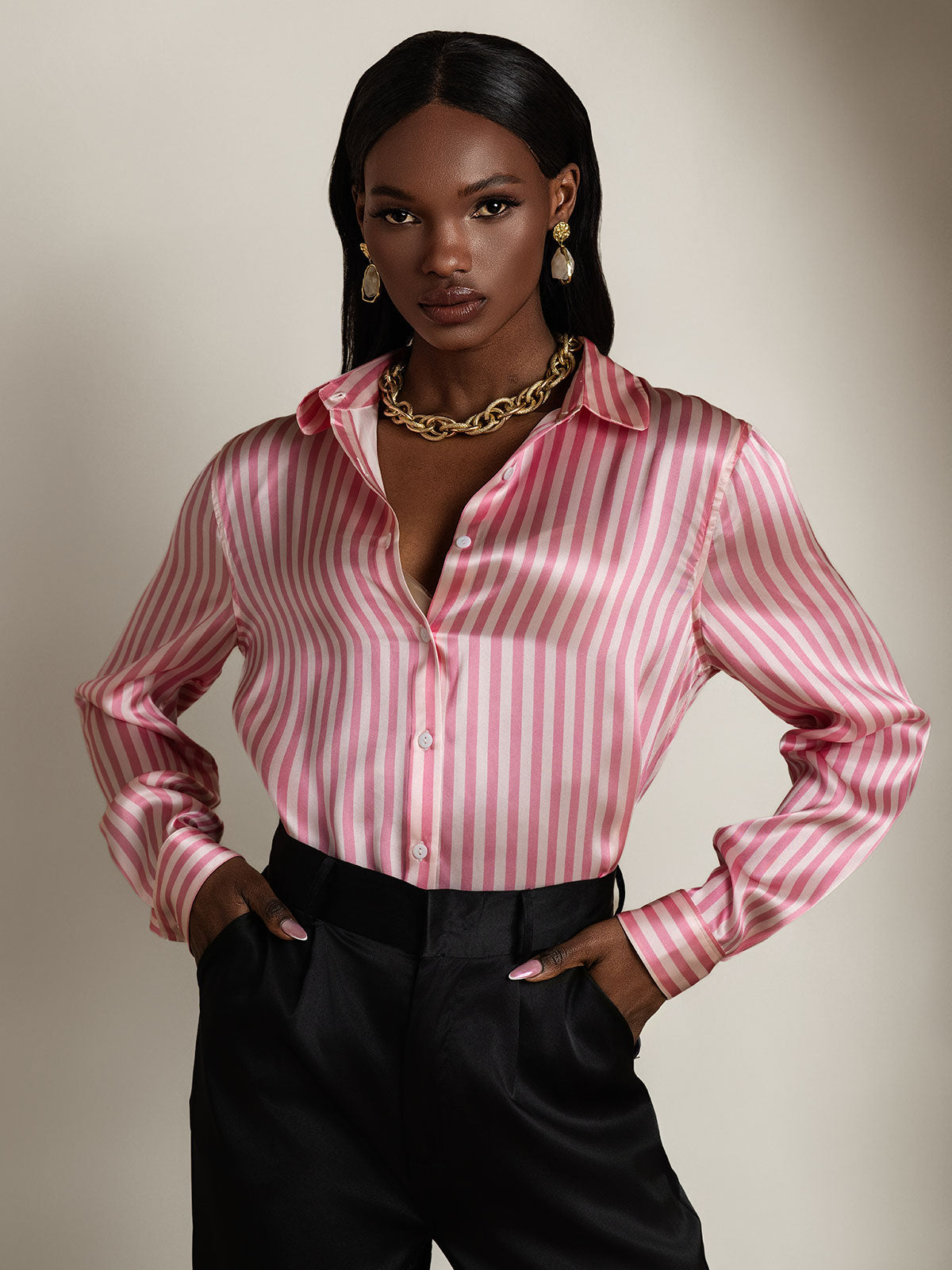 [Rosa] SilkSilky-DE Seide Umlegekragen Damenhemd 003