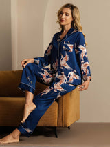 [Dunkelblau] SilkSilky-DE Long Sleeve Notch-Kragen Damen Pyjamas 009