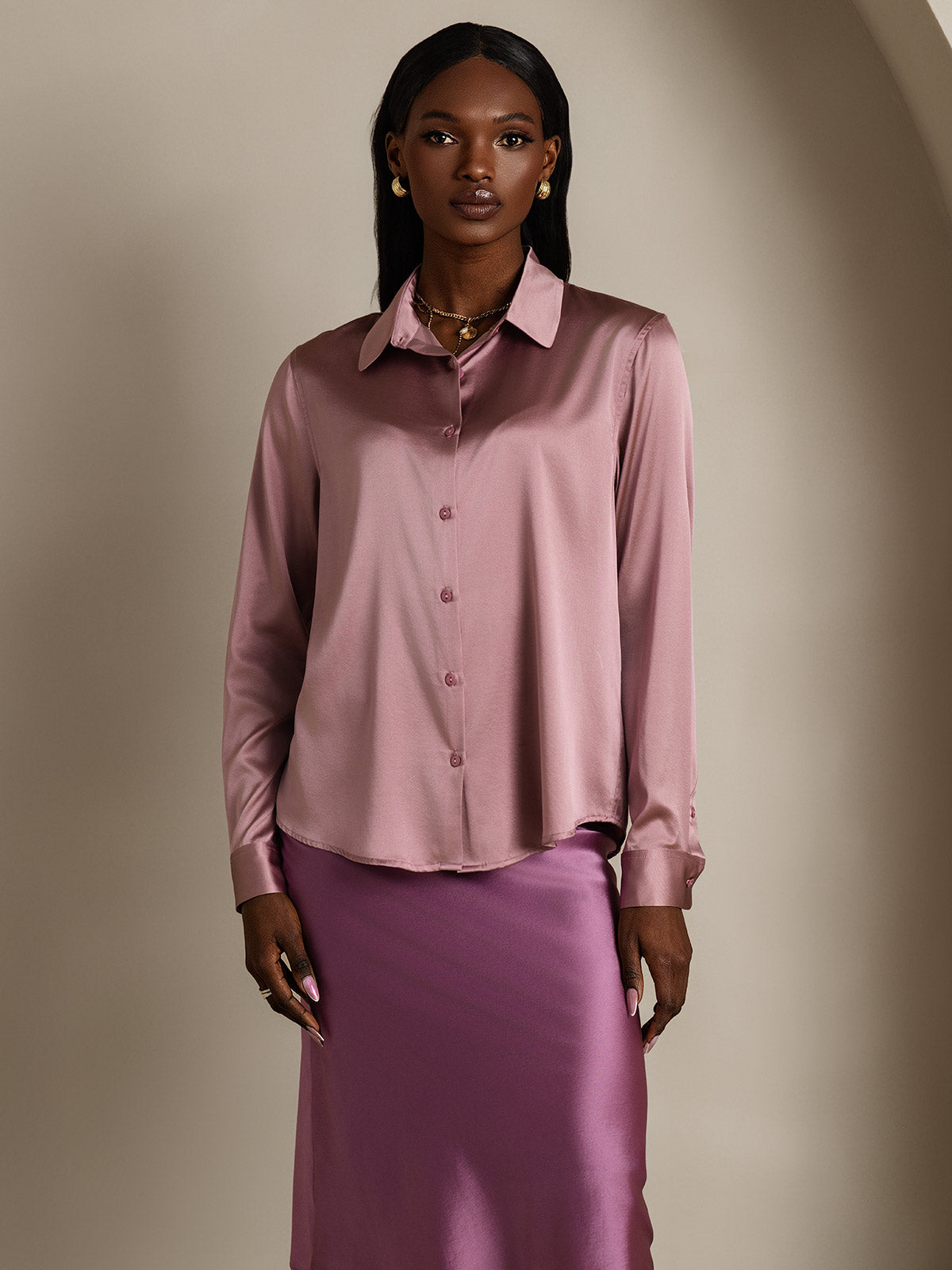 [Blasses Mauve] SilkSilky-DE Seide Umlegekragen Damenhemd 006