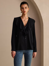 [Schwarz] SilkSilky-DE Long Sleeve Deep V Neck Damenblusen 003