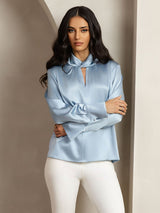 [Graublau] SilkSilky-DE Long Sleeve Keyhole Neck Damenblusen 006