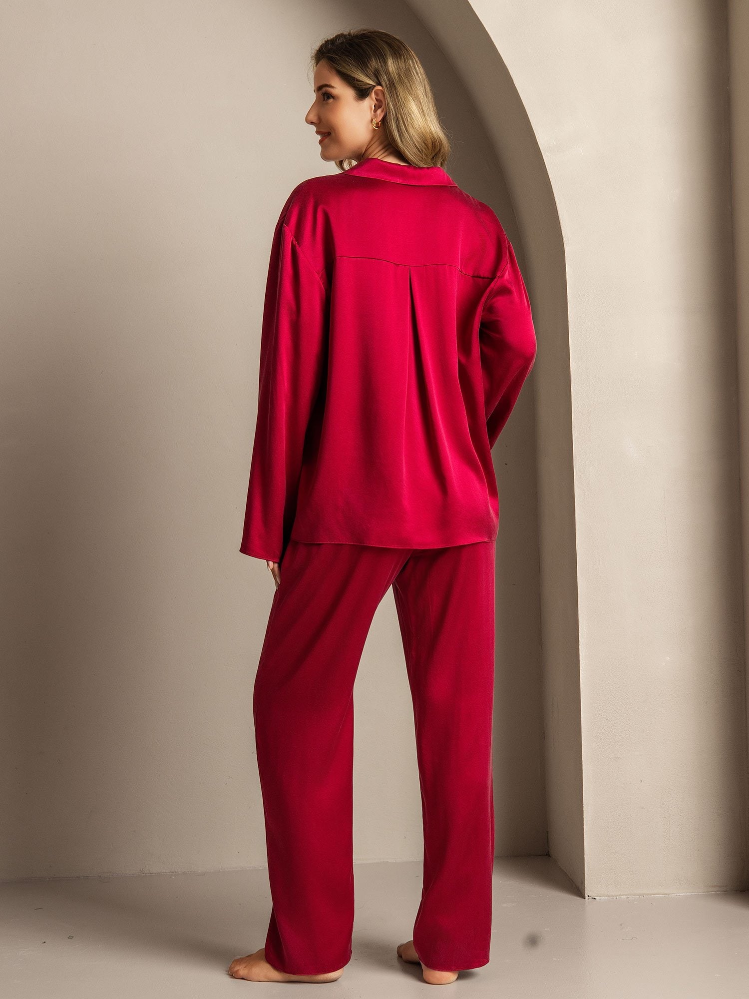 [Rotwein] SilkSilky-DE 19Momme Seide Umlegekragen Damen Pyjamas 002