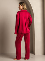 [Rotwein] SilkSilky-DE 19Momme Langärmelig Notch-Kragen Damen Pyjamas 002