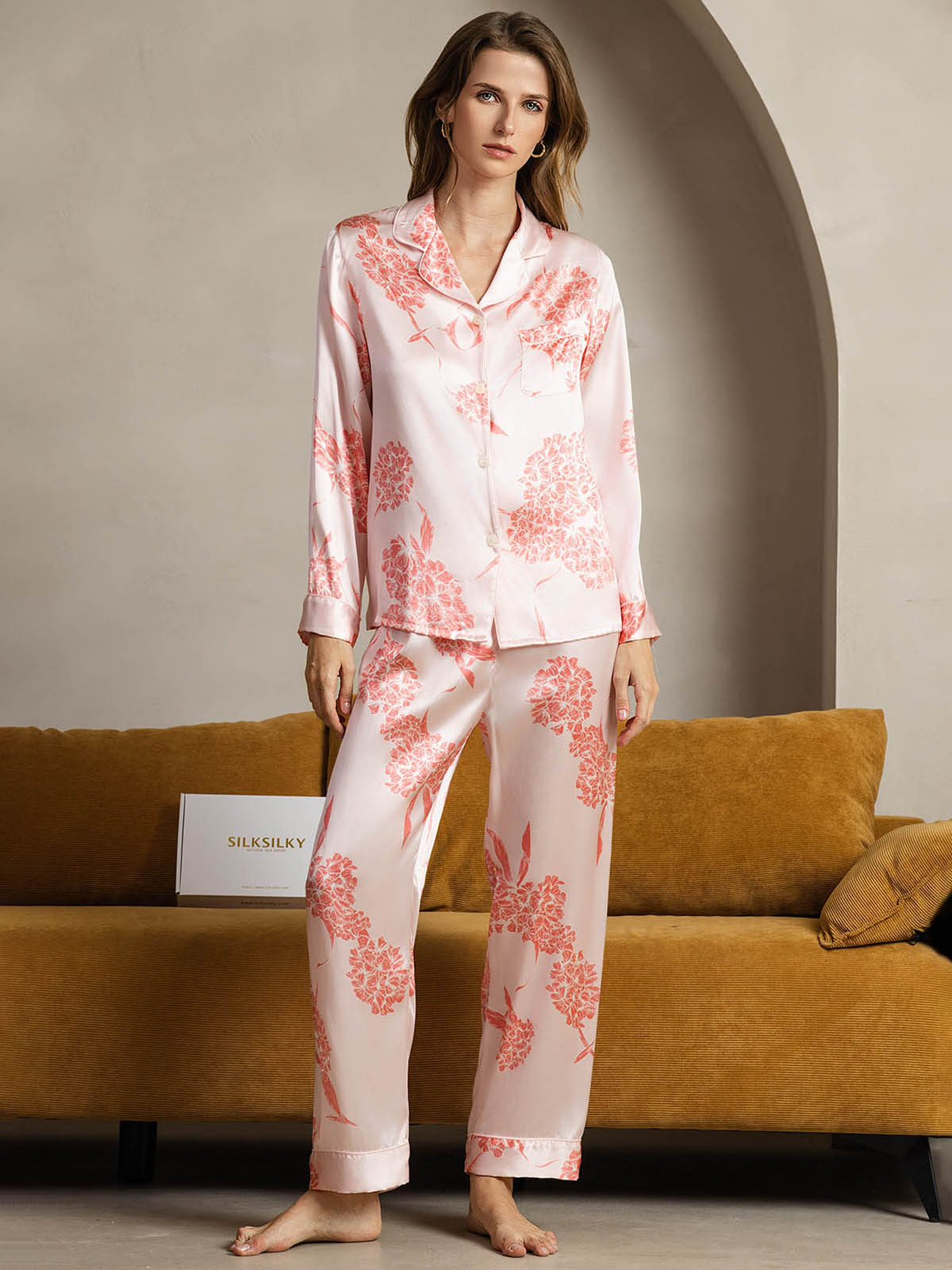 [Korallenblumen] SilkSilky-DE Reine Seide Womens Pajamas 001