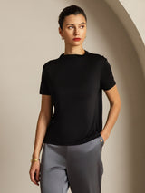 [Schwarz] SilkSilky-DE 100% Silk Jersey Short Sleeve Mock Neck T-Shirt 008