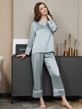 SilkSilky DE Reine Seide Langärmelig Revers Damen Pyjamas Blau 004