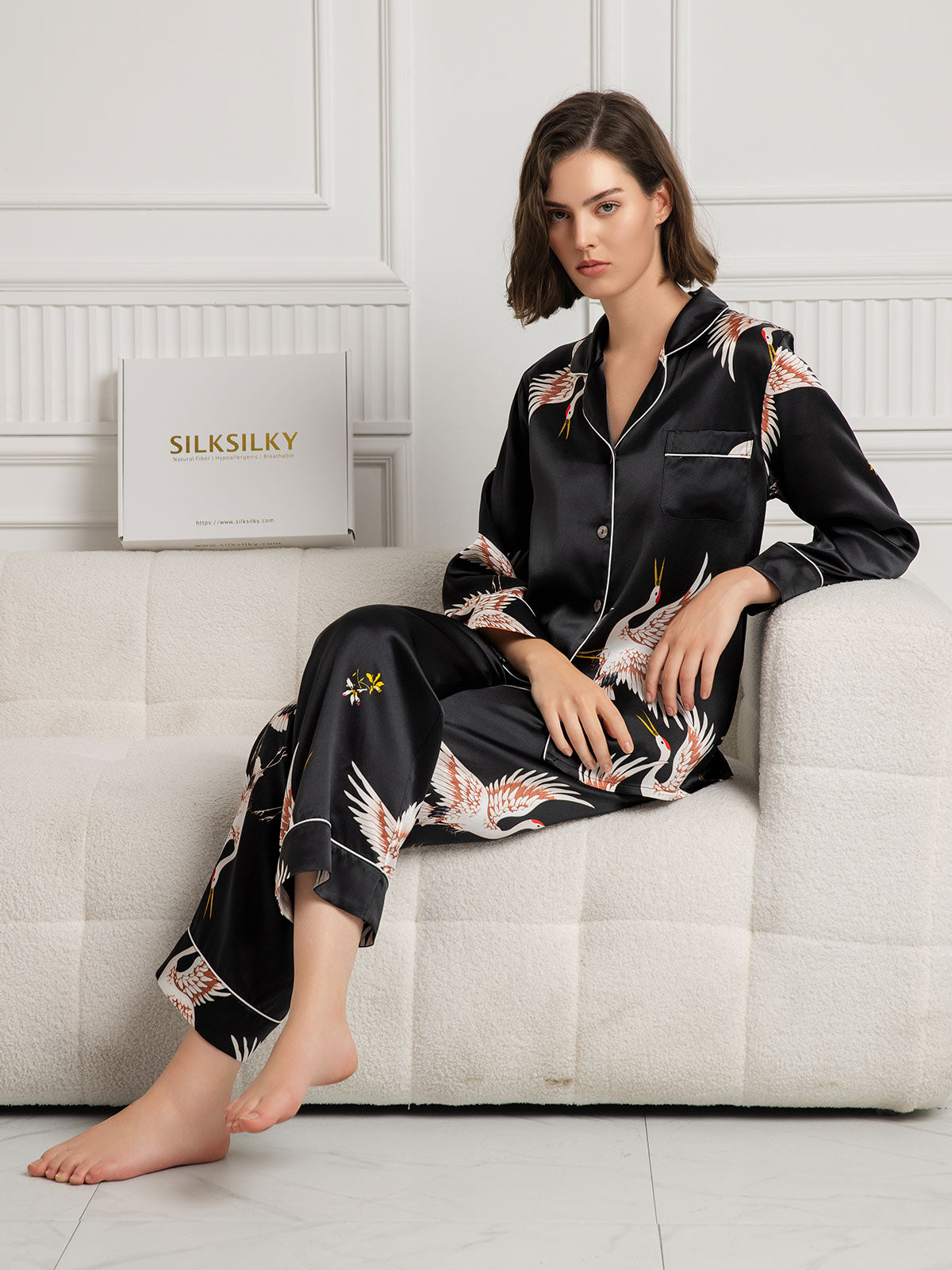 SilkSilky-DE 19Momme Reine Seide Langärmelig Revers Damen Pyjamas Schwarz 005