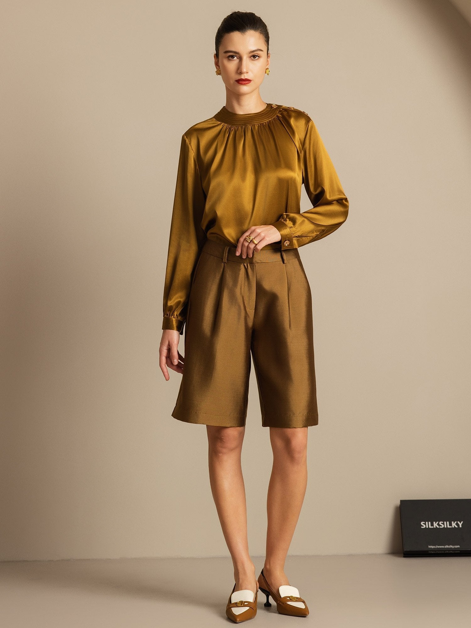 [Bronze] SilkSilky-DE 32Momme Silk-Wool Blend Womens Shorts 007,