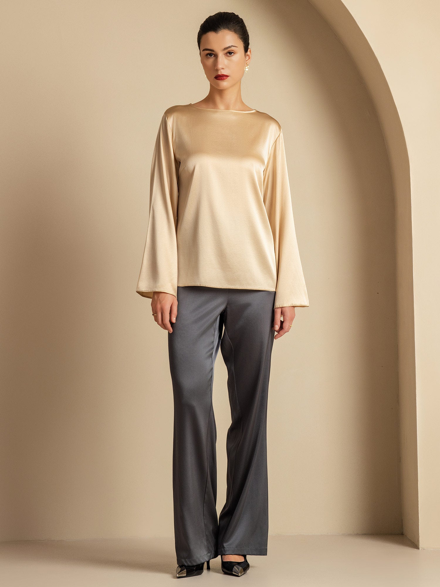 [Champagner] SilkSilky-DE 19Momme Seide Womens T-Shirt 009