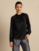 [Schwarz] SilkSilky-DE 19Momme Langärmelig Rundhalsausschnitt Bluse 003