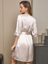 [Beige] SilkSilky-DE Reine Seide Halblange Ärmel Nightgown&Robe Set 002