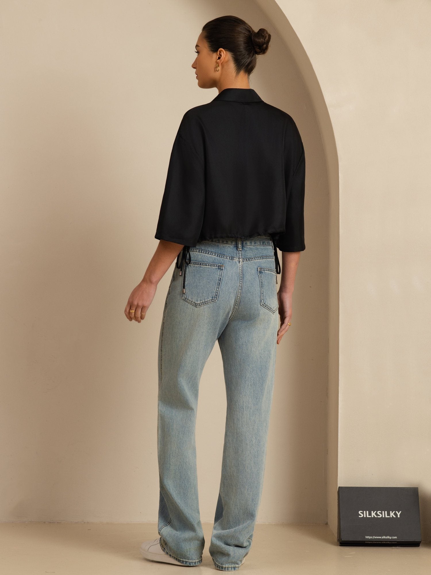 [Schwarz] SilkSilky-DE 18Momme Halblange Ärmel Lapelkragen Bluse 002