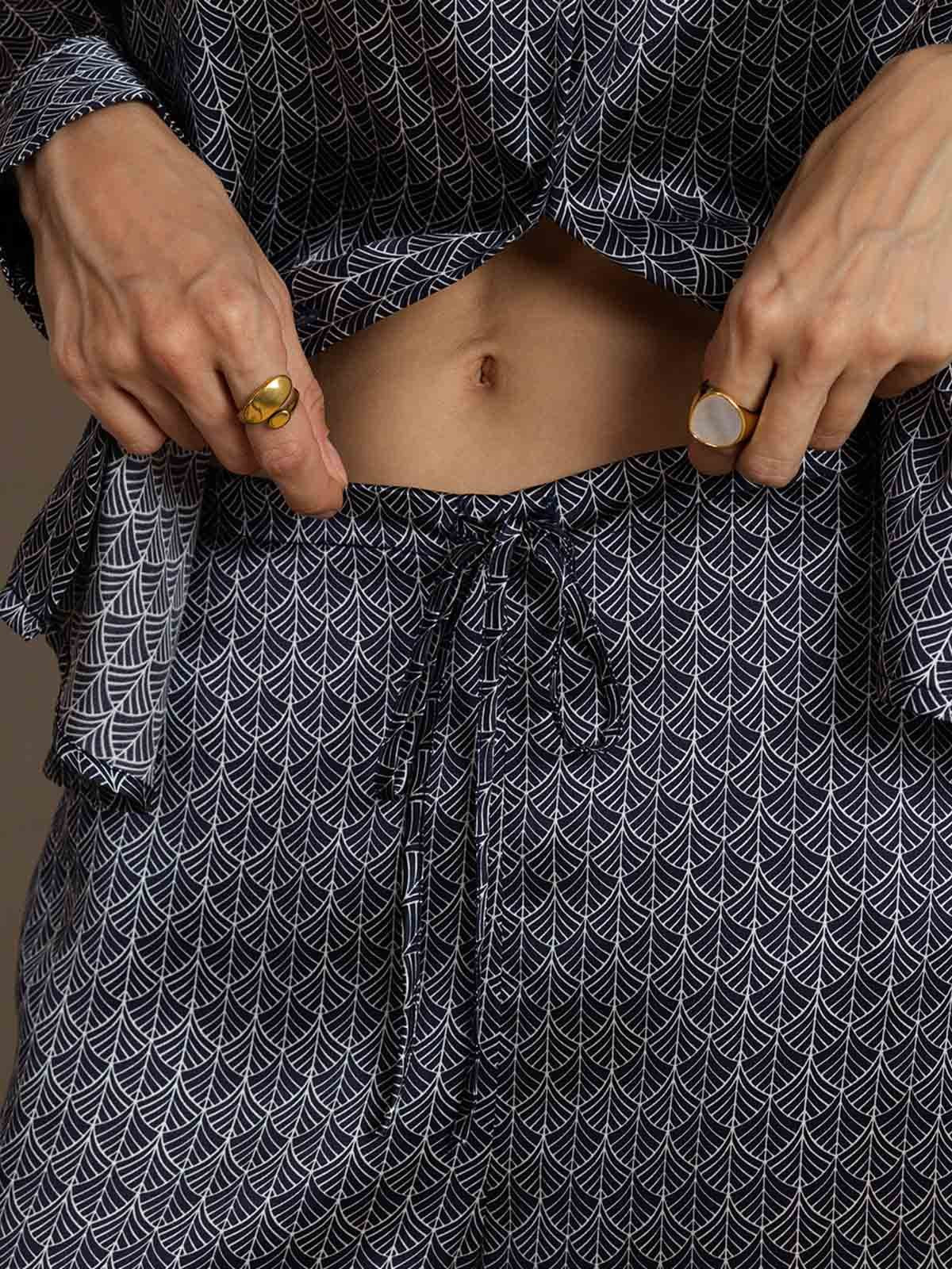 [Marine Ginkgo] SilkSilky-DE 19Momme Seide Umlegekragen Women''s Outfit Sets 005,