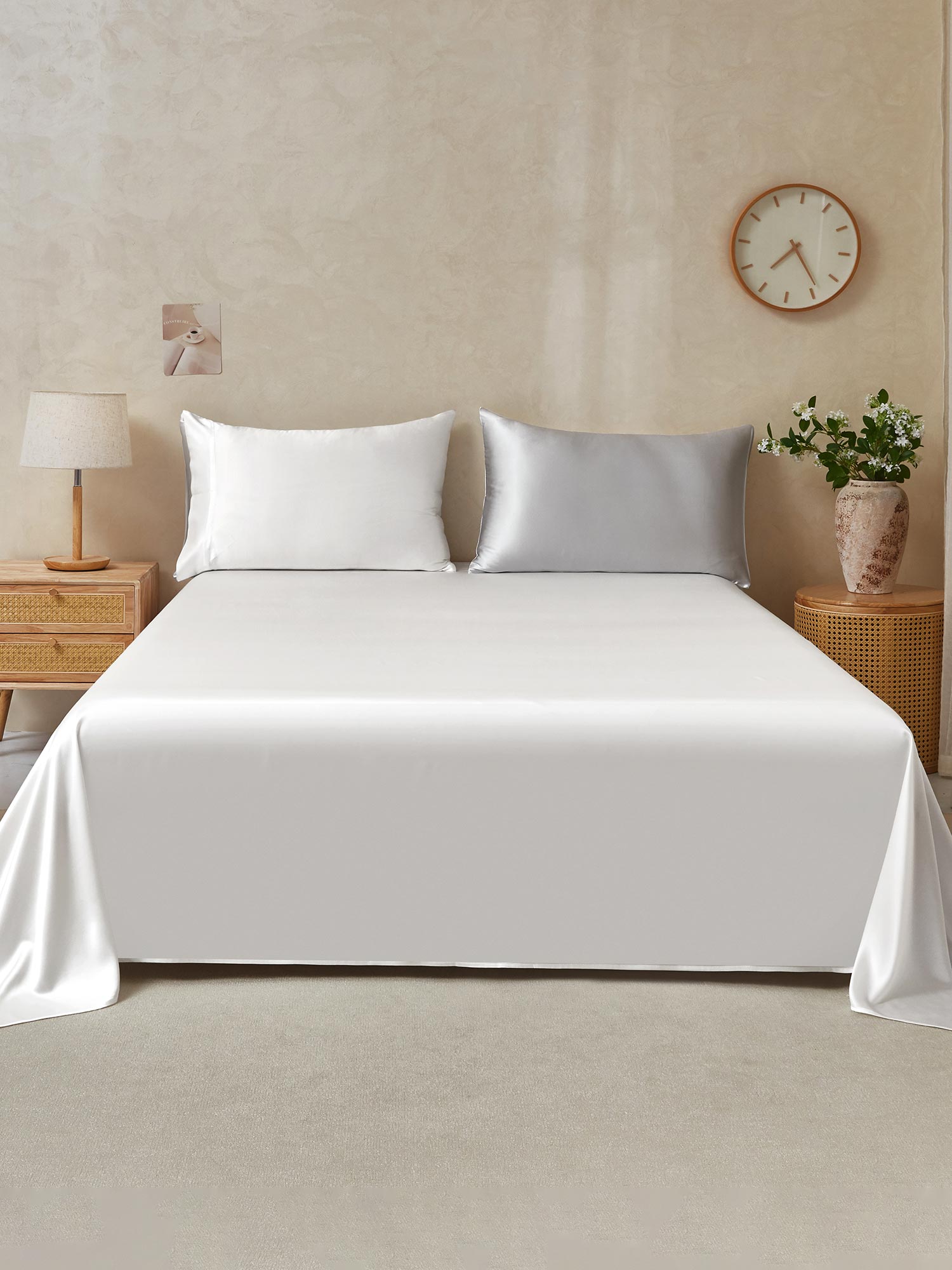 [Hellgrau+Weiß] SilkSilky-DE 22Momme Reine Seide Bedding Set 001,