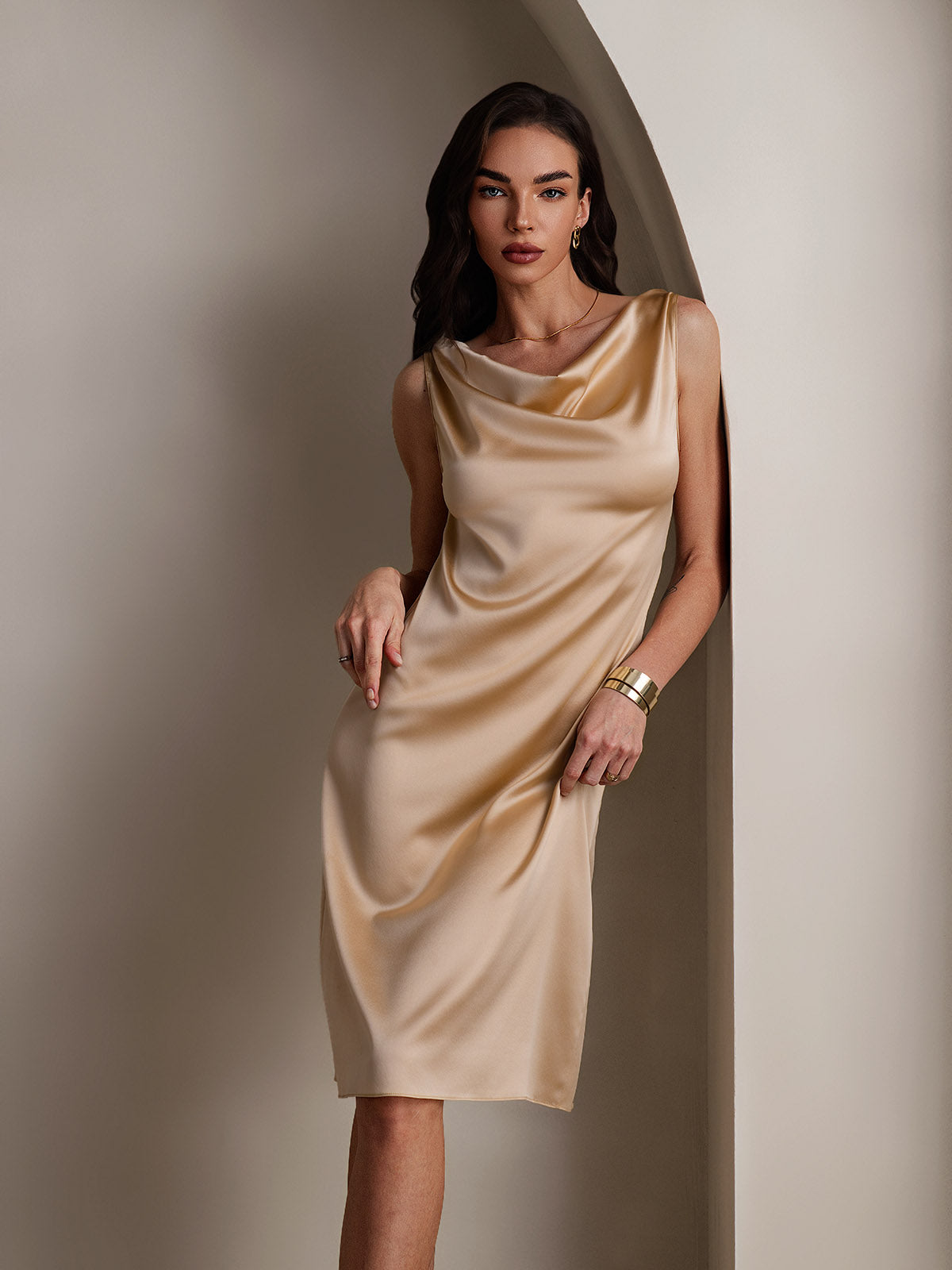 [Champagner] SilkSilky-DE 19Momme Seide Dress 001