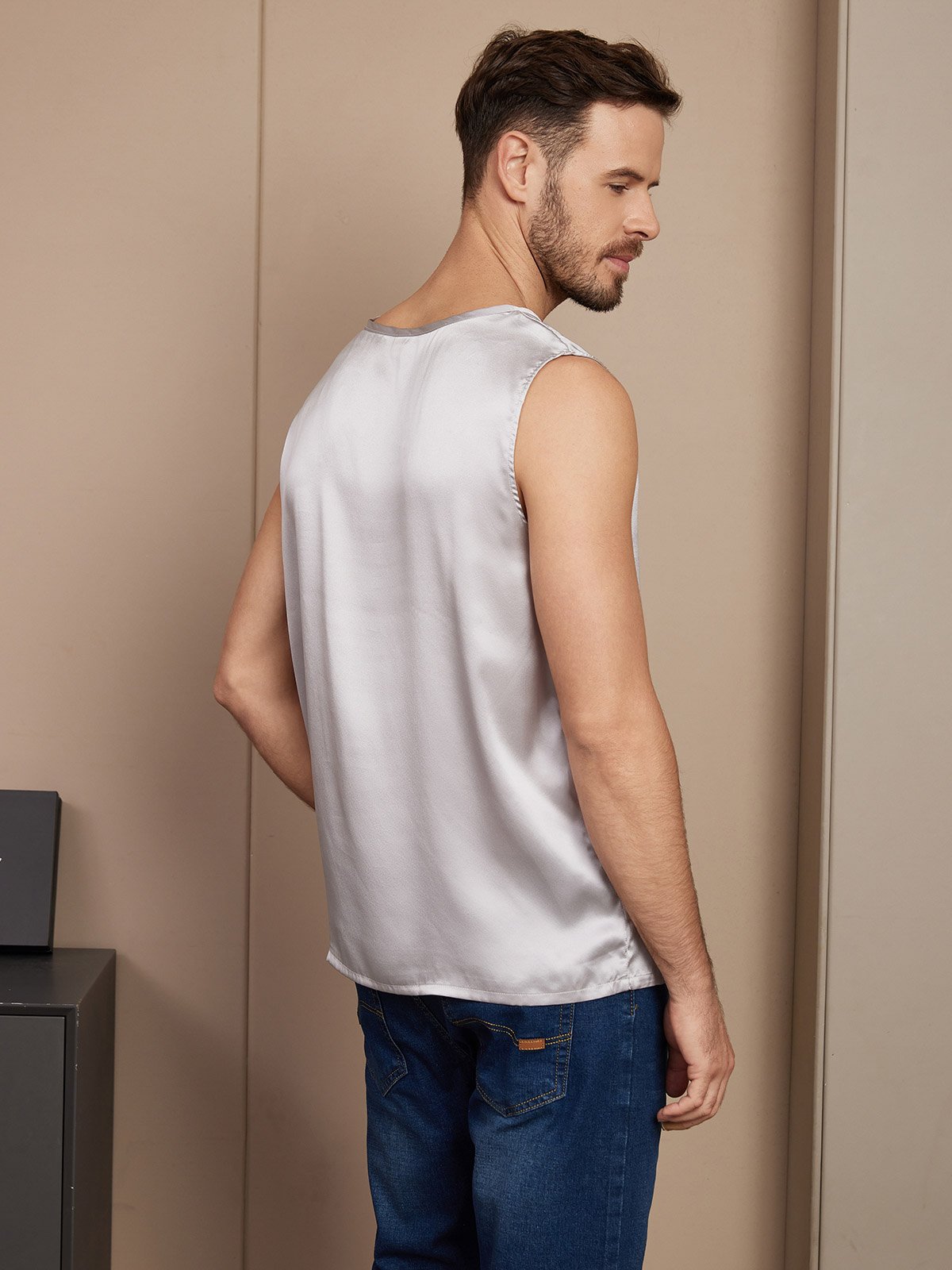 [Silber] SilkSilky-DE Reine Seide Ärmellos Mens T-Shirt 002
