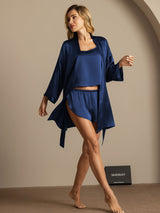 [Dunkelblau] SilkSilky-DE 3/4 Sleeve Tiefer Rundhalsausschnitt Damen Pyjamas 006