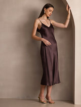 [Kaffee] SilkSilky-DE Sleeveless V Neck Kleider 008