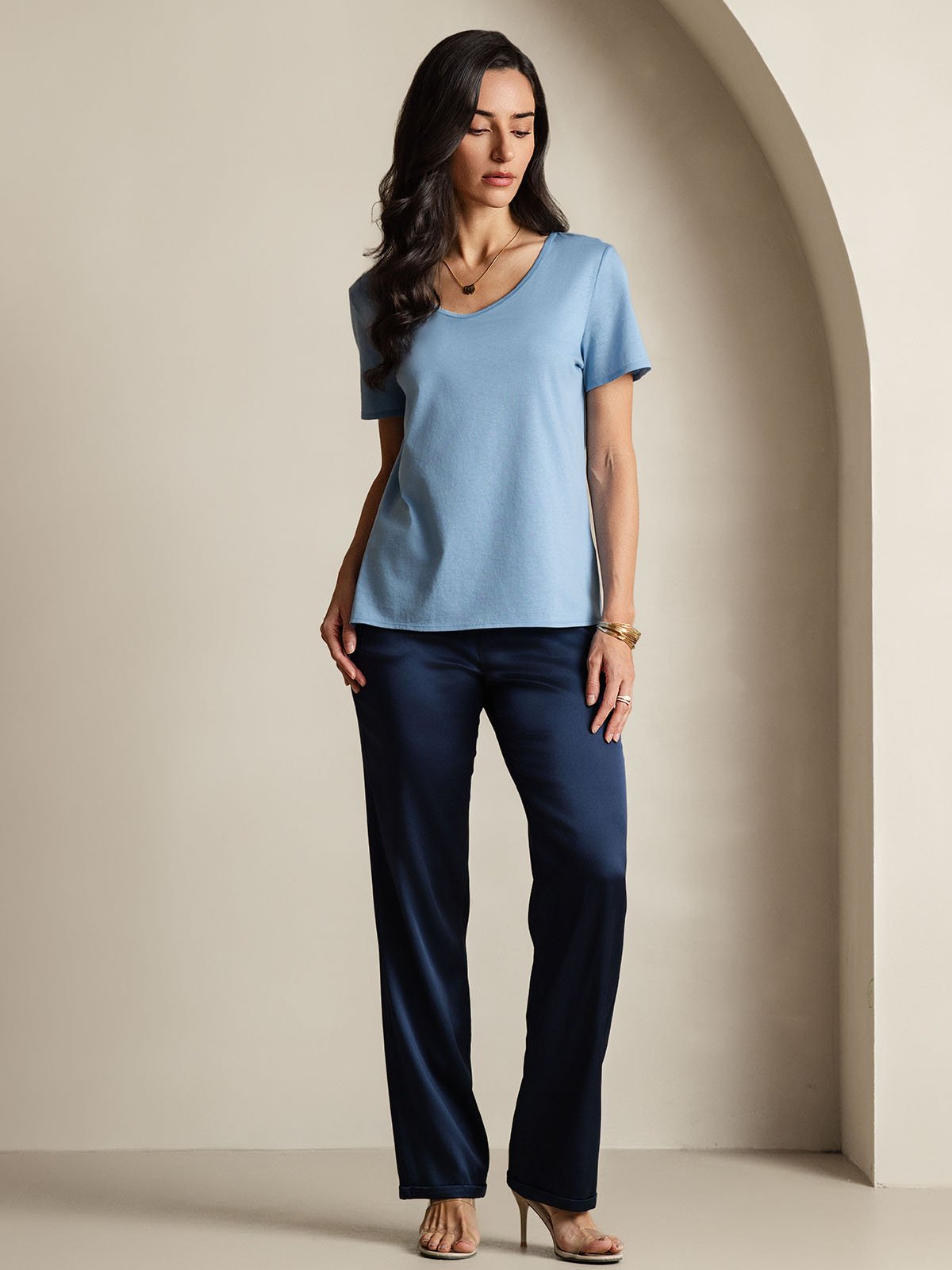 [Blau] SilkSilky-DE Seide Kurzärmelig V Ausschnitt T-Shirt 008