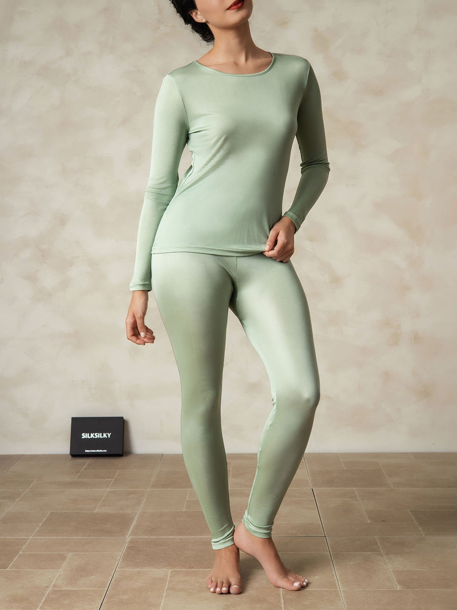 [Grün] SilkSilky-DE Langärmelig Rundhalsausschnitt Damen Lange Unterwäsche 001
