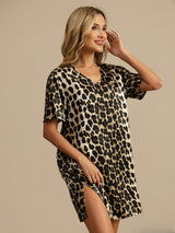 [Leopard] SilkSilky-DE Pure Silk Kurzärmelig V Ausschnitt Nachthemden 003
