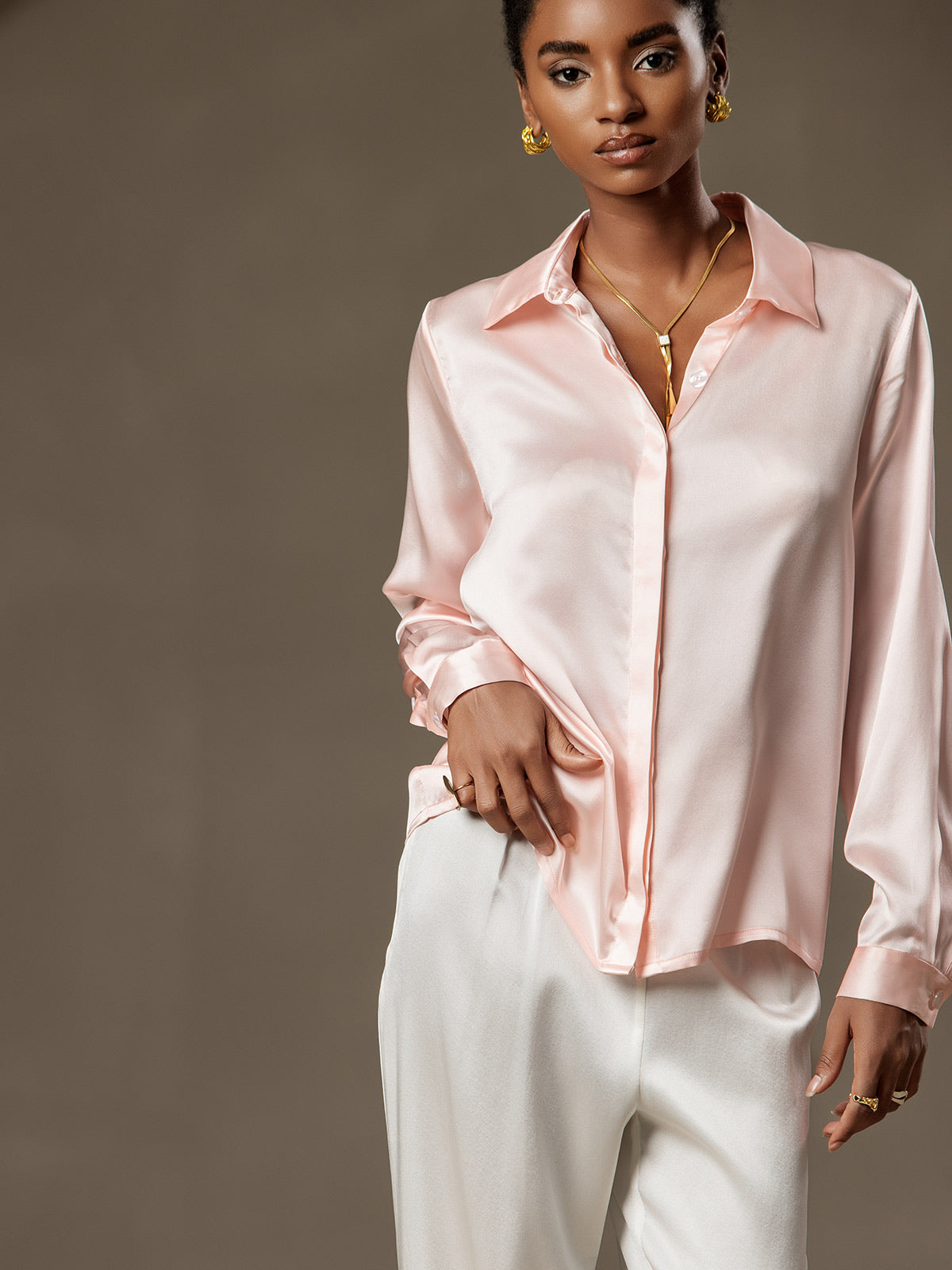 [Rosa] SilkSilky-DE 19Momme Seide Lapel Collar Damenhemd 003