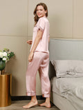 SilkSilky-DE Reine Seide Kurzärmelig Revers Damen Pyjamas Rosa 004